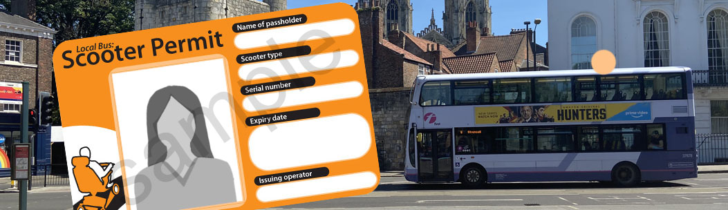 banner image showing an example of a class 2 mobility scooter permit, overlaid a backdrop of Monk Bar in York