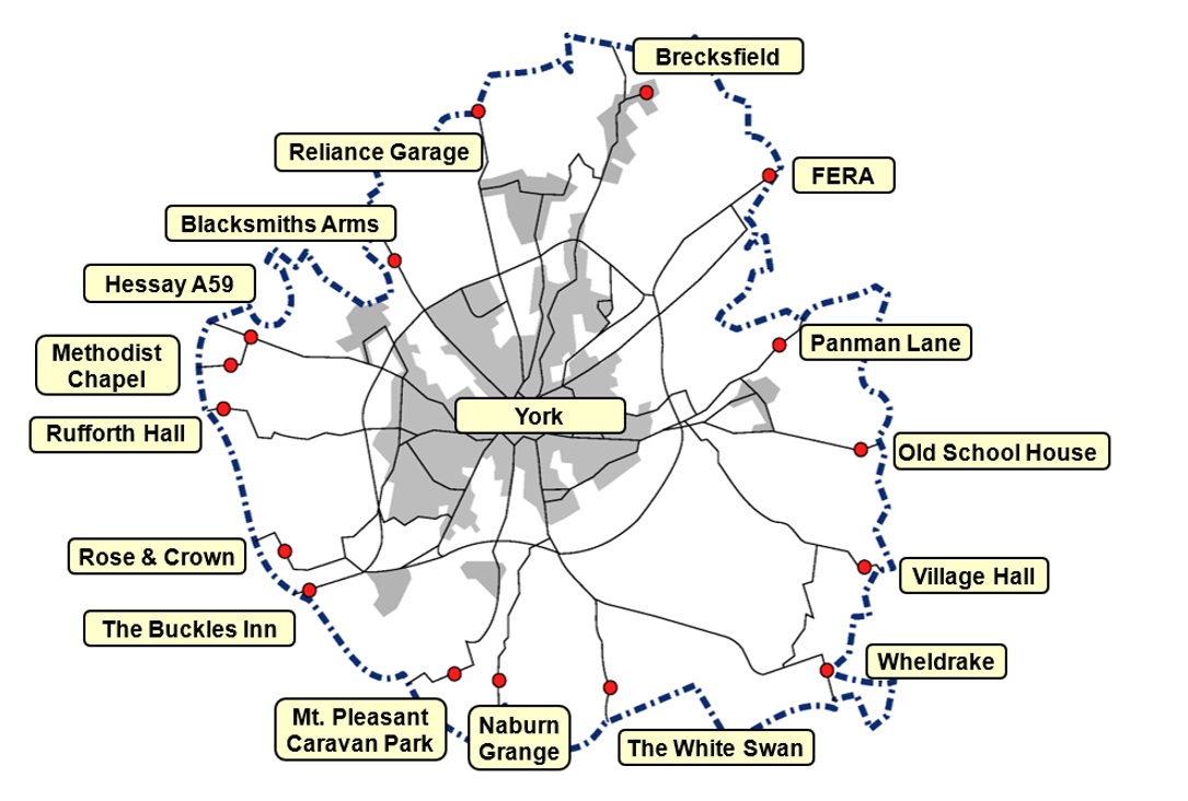 Map showing the City of York Council area, marked with bus stops on main routes, nearest to the boundary.