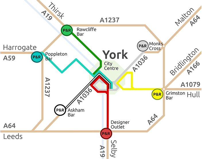 A map showing the routes of each bus in service for each Park & Ride site.